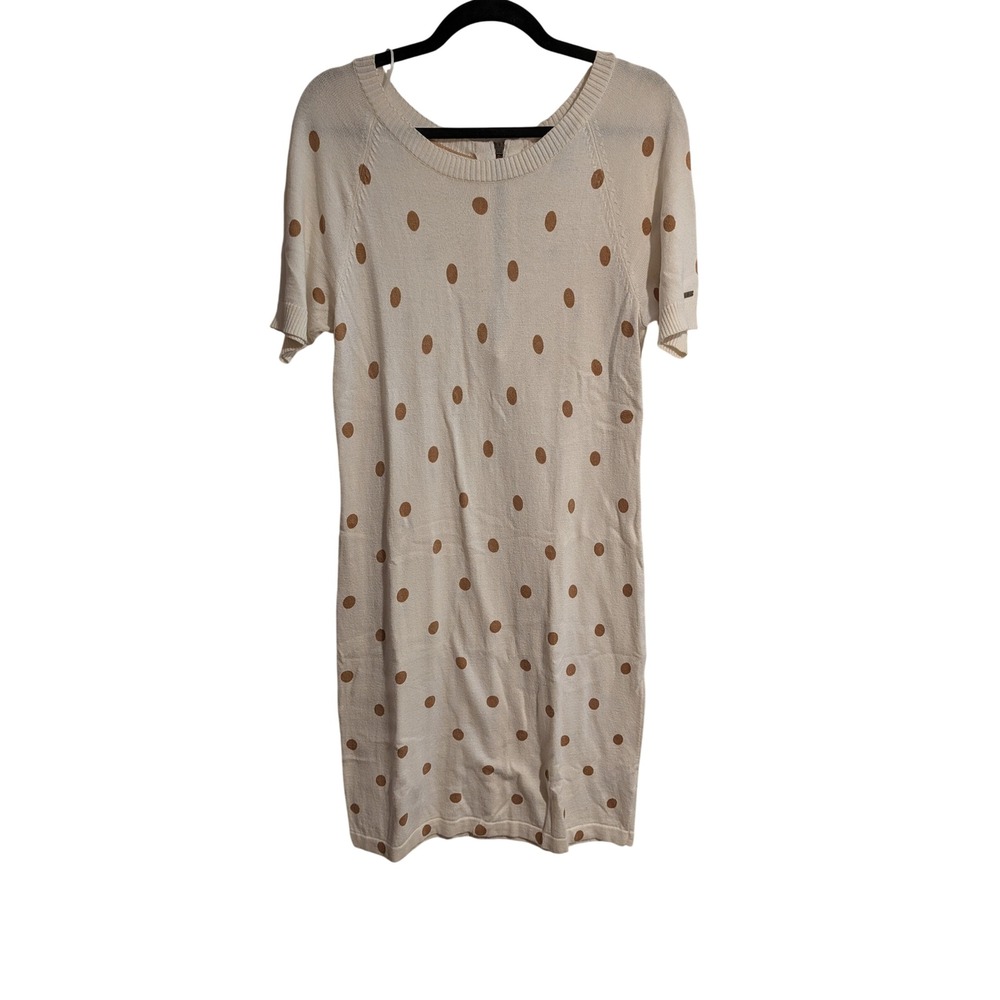 Tommy Hilfiger Sweater Dress Womens Small Cream Tan Polka Dot Short Sleeve Zip